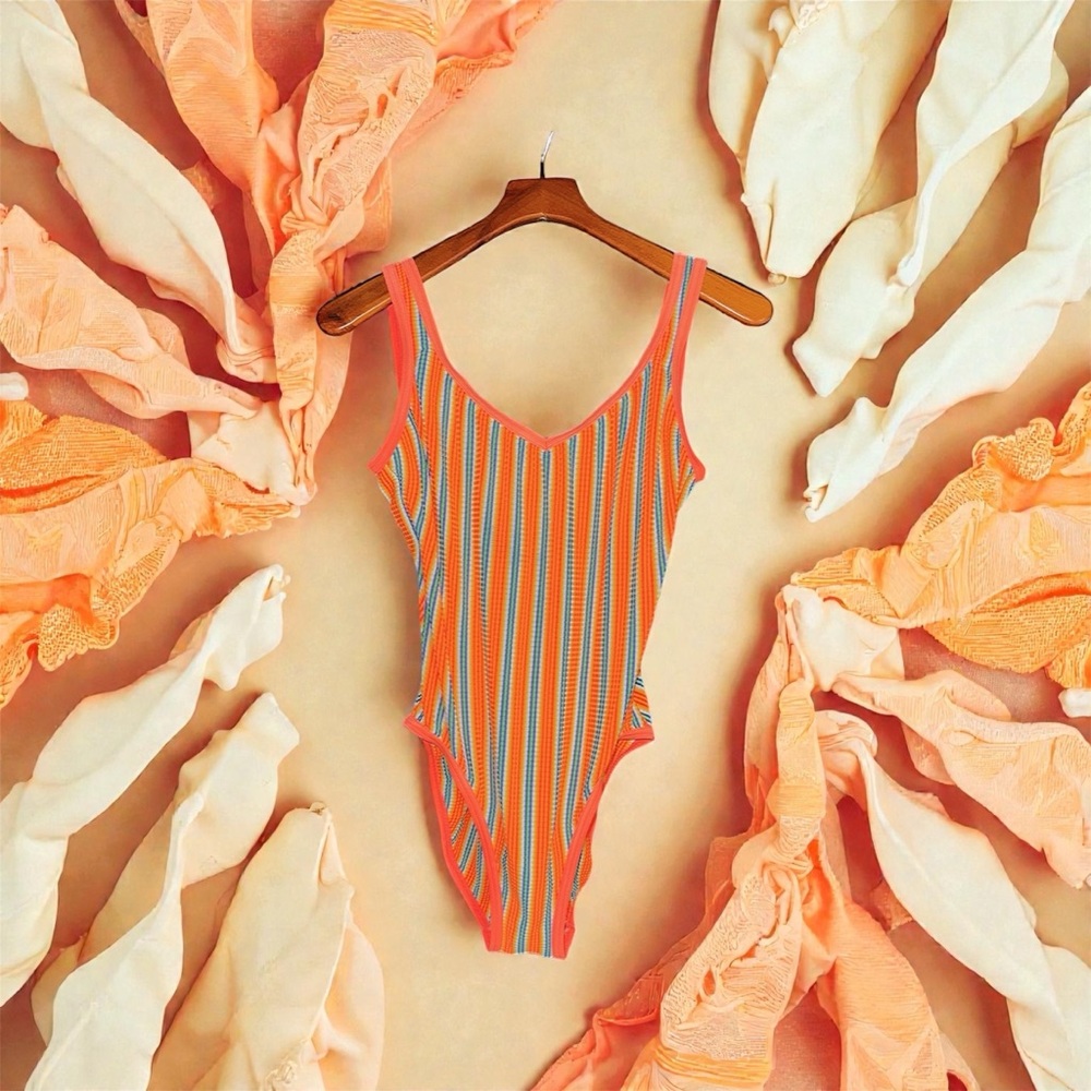 Vtg 80s Bright Stripe Backless High-Cut Swimsuit – Bold & Retro